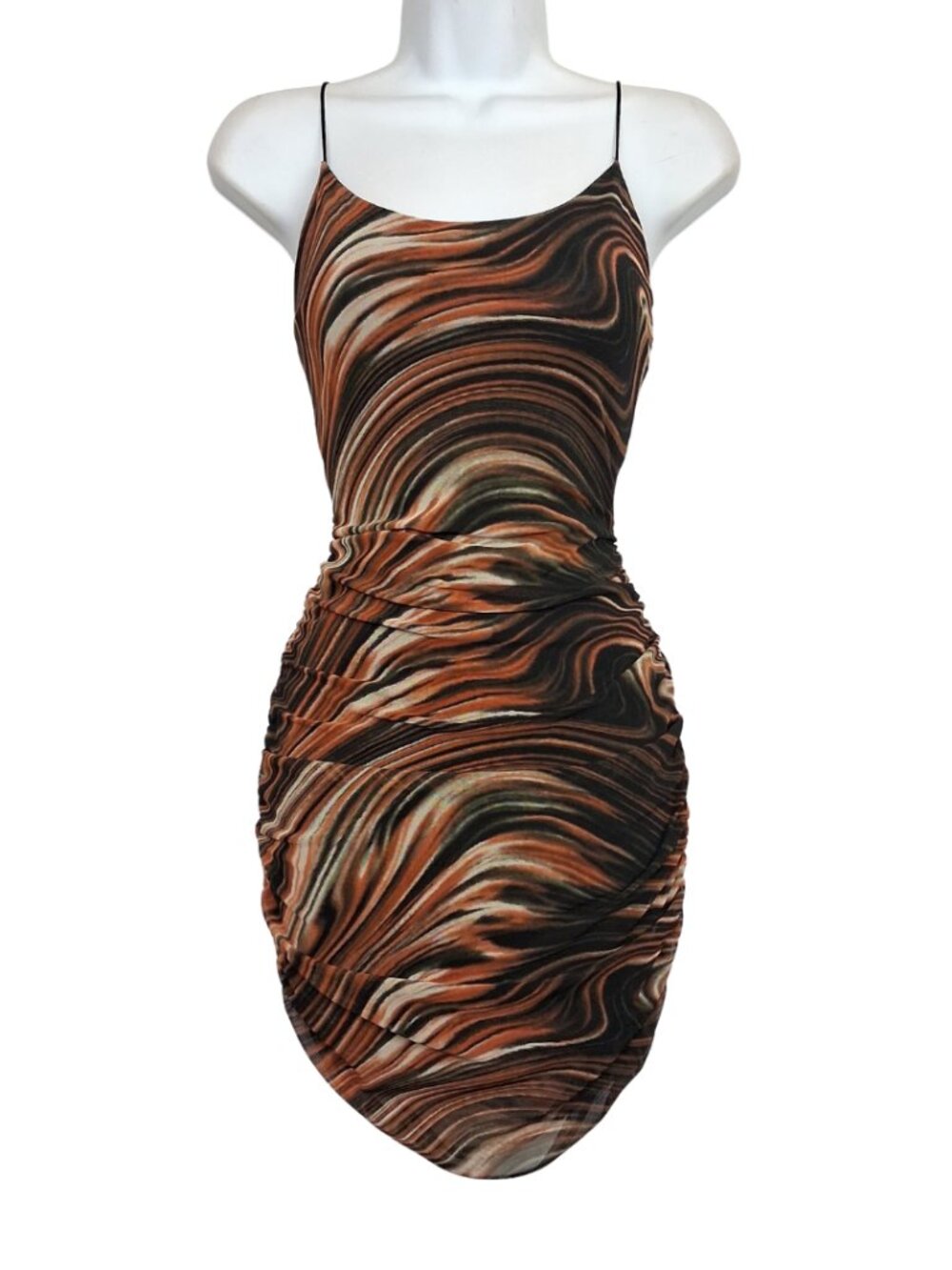 MISTYROSE Marble Print Dress Bodycon Mini Brown Black Cocktail Mesh Swirl Small